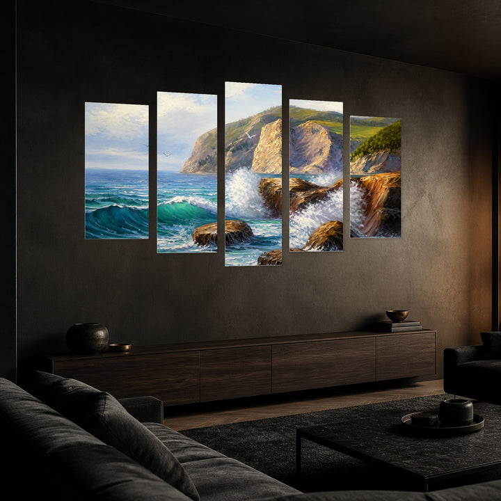 Landscape with Rocks in Serene Light — five-panel wall art in perspective interior | 5wallart 56171 M2
