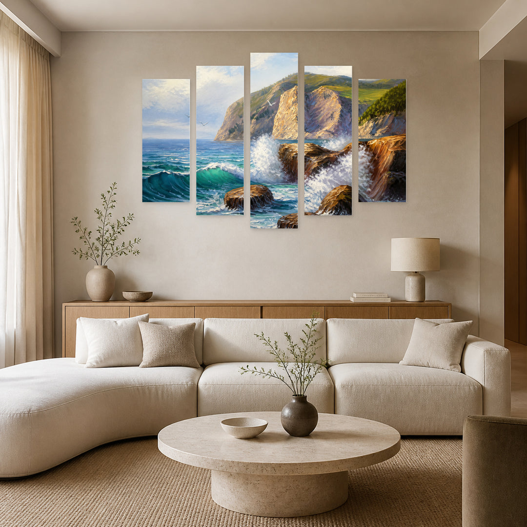 Landscape with Rocks in Serene Light — five-panel wall art in frontal interior | 5wallart 56171 M3