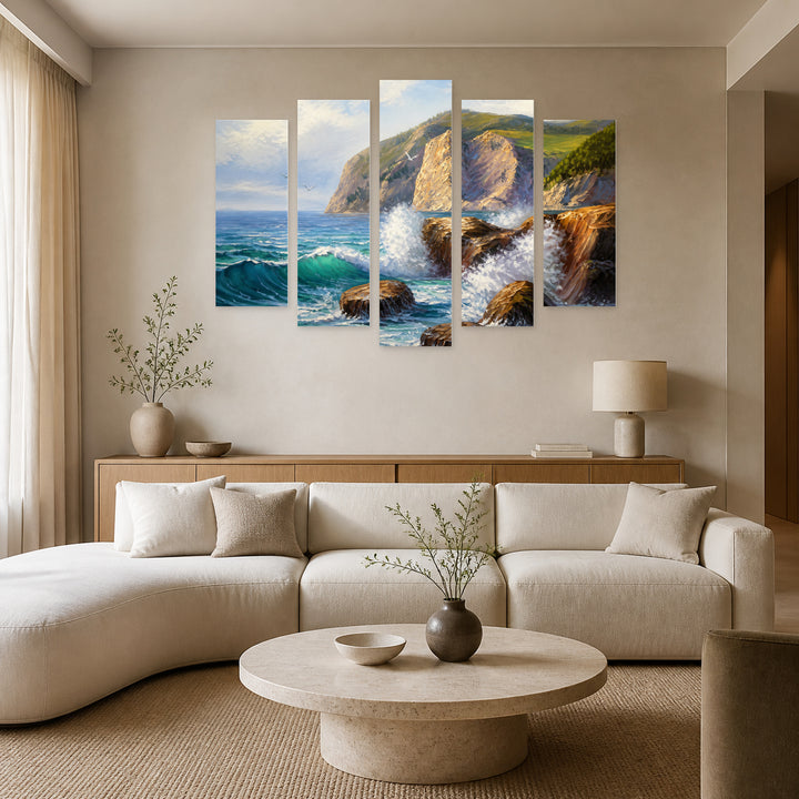 Landscape with Rocks in Serene Light — five-panel wall art in frontal interior | 5wallart 56171 M3