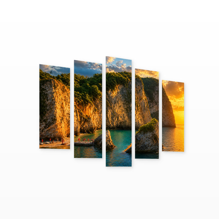 Of Sea Rocks at Golden Sunset — five-panel wall art on white background in perspective | 5wallart 56172 M1