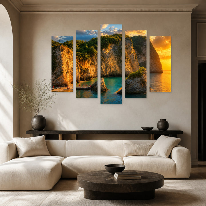 Of Sea Rocks at Golden Sunset — five-panel wall art in alternate frontal interior | 5wallart 56172 M4