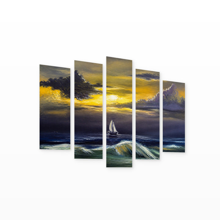 Sailing Yacht in a Storm with Dramatic Contrast — five-panel wall art on white background in perspective | 5wallart 56173 M1