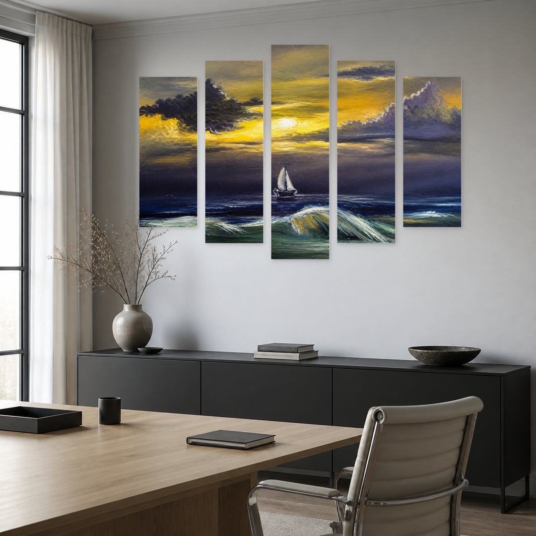 Sailing Yacht in a Storm with Dramatic Contrast — five-panel wall art in alternate frontal interior | 5wallart 56173 M4