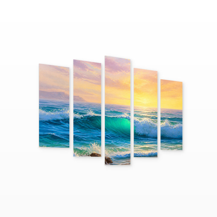 Painted Seascape in Serene Light — five-panel wall art on white background in perspective | 5wallart 56174 M1