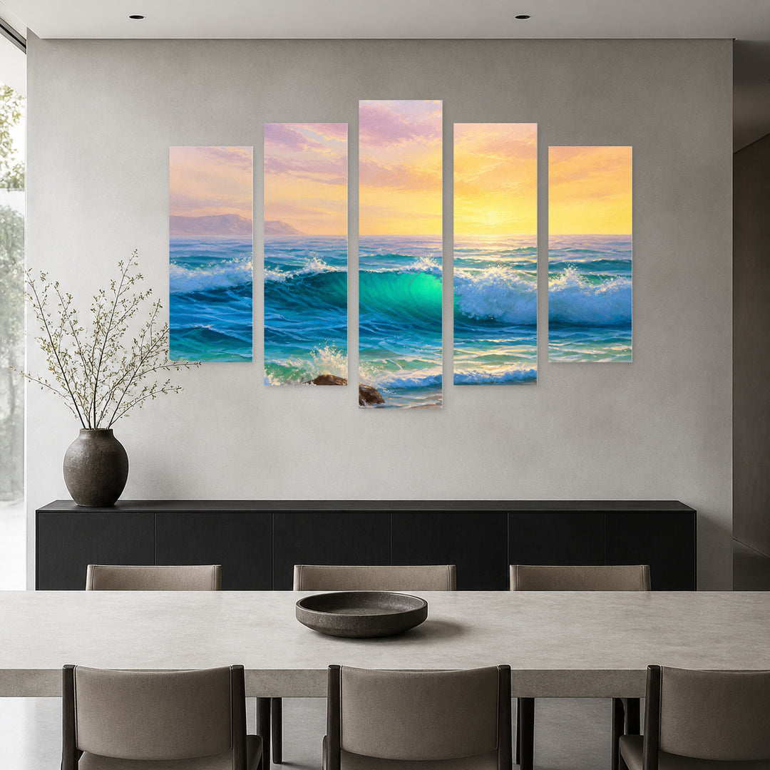 Painted Seascape in Serene Light — five-panel wall art in frontal interior | 5wallart 56174 M3