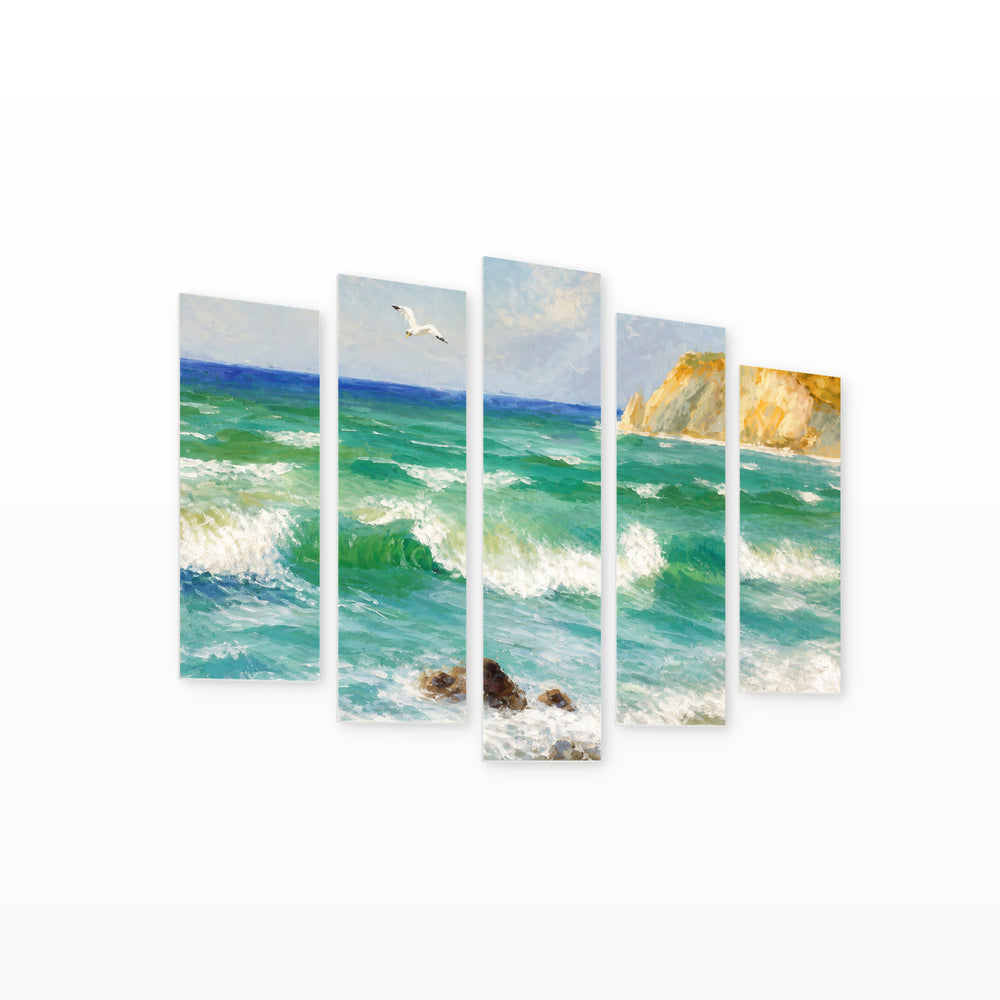 Landscape of Sea Waves in Serene Light — five-panel wall art on white background in perspective | 5wallart 56175 M1