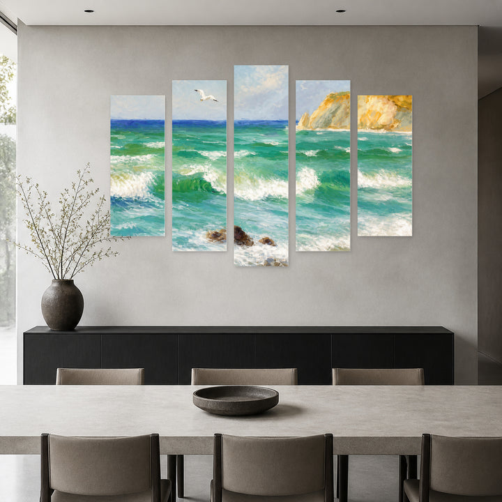 Landscape of Sea Waves in Serene Light — five-panel wall art in alternate frontal interior | 5wallart 56175 M4
