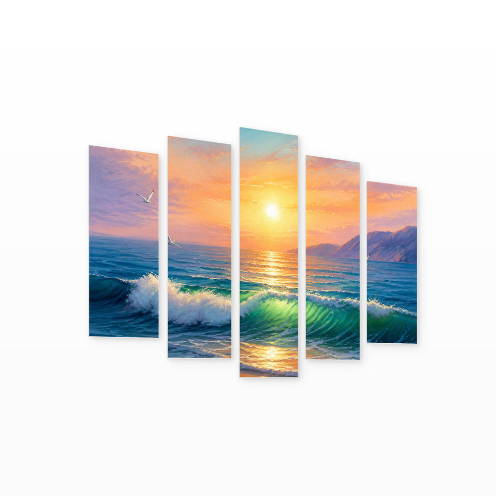 Of a Beautiful Seascape with Geometric Rhythm — five-panel wall art on white background in perspective | 5wallart 56176 M1