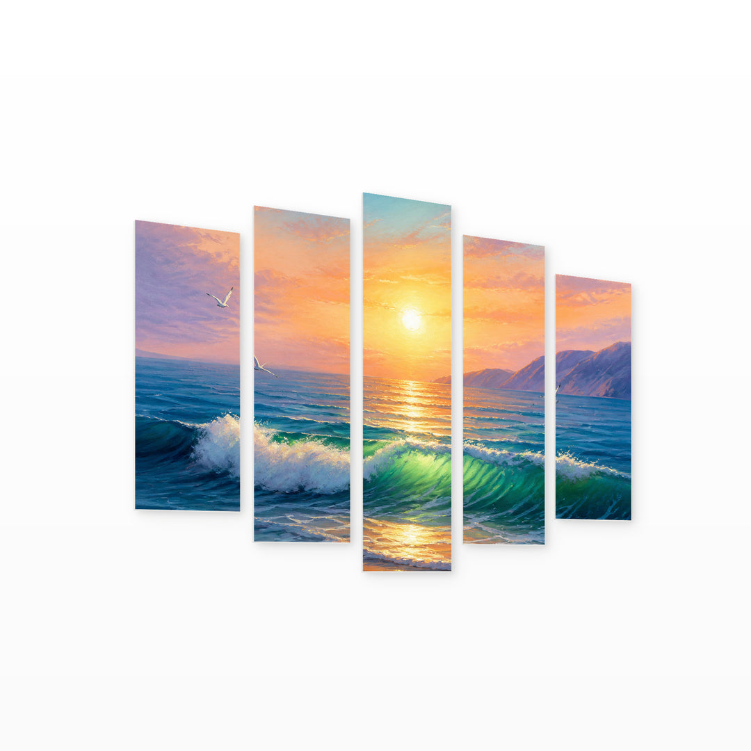 Of a Beautiful Seascape with Geometric Rhythm — five-panel wall art on white background in perspective | 5wallart 56176 M1