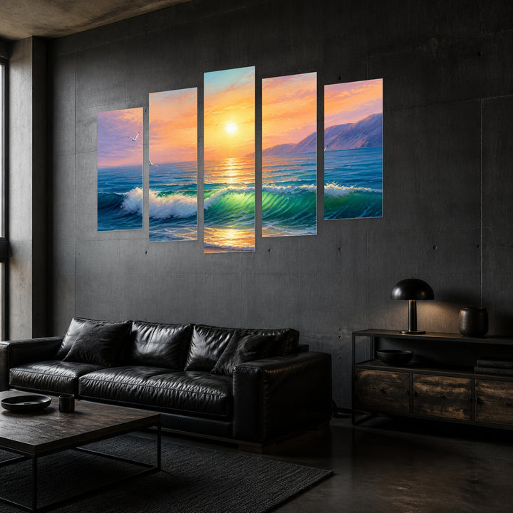 Of a Beautiful Seascape with Geometric Rhythm — five-panel wall art in perspective interior | 5wallart 56176 M2