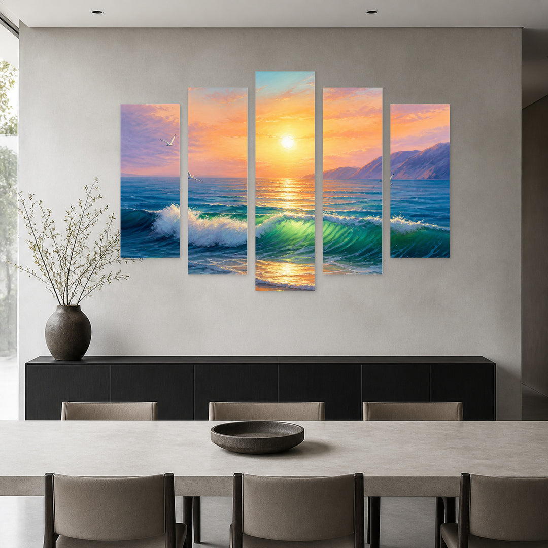 Of a Beautiful Seascape with Geometric Rhythm — five-panel wall art in frontal interior | 5wallart 56176 M3