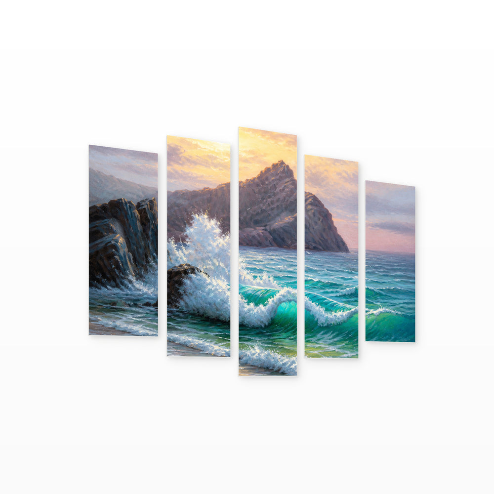 Morning with the Sea in Serene Light — five-panel wall art on white background in perspective | 5wallart 56177 M1