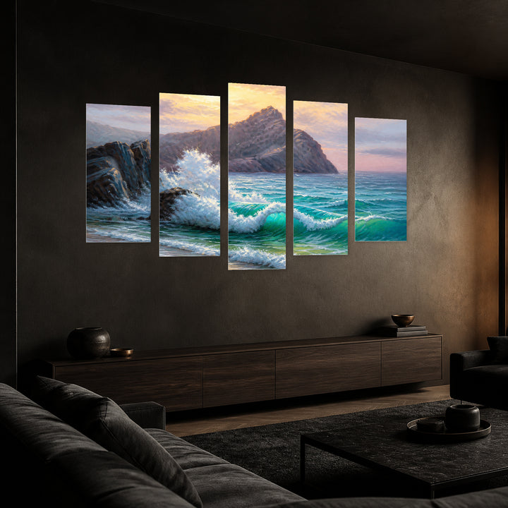 Morning with the Sea in Serene Light — five-panel wall art in perspective interior | 5wallart 56177 M2
