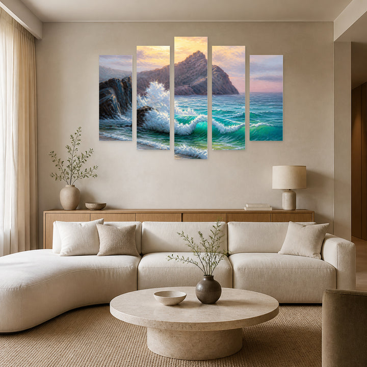 Morning with the Sea in Serene Light — five-panel wall art in frontal interior | 5wallart 56177 M3