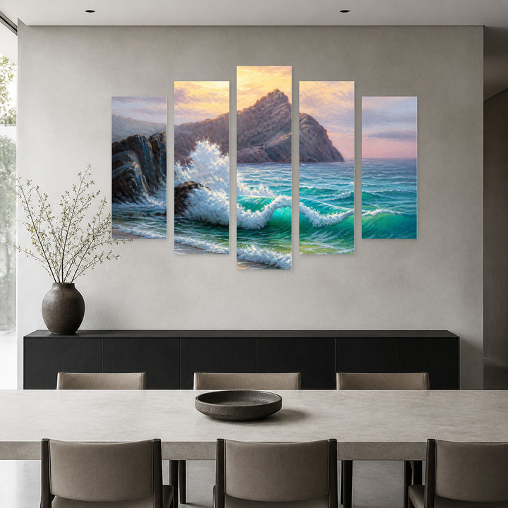 Morning with the Sea in Serene Light — five-panel wall art in alternate frontal interior | 5wallart 56177 M4