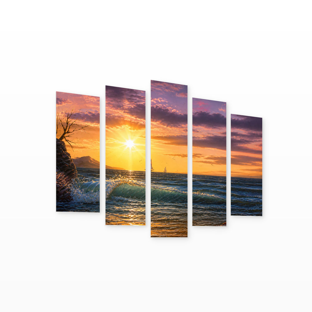 Golden Sunset over Dramatic Sea — five-panel wall art on white background in perspective | 5wallart 56178 M1