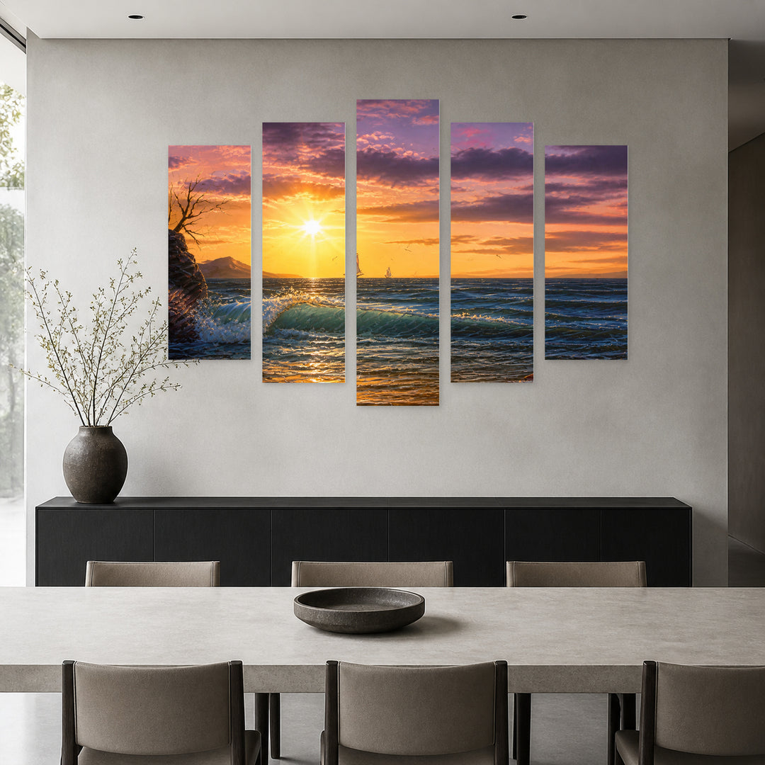 Golden Sunset over Dramatic Sea — five-panel wall art in frontal interior | 5wallart 56178 M3