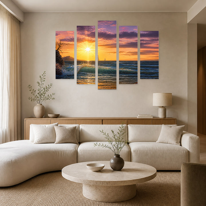 Golden Sunset over Dramatic Sea — five-panel wall art in alternate frontal interior | 5wallart 56178 M4