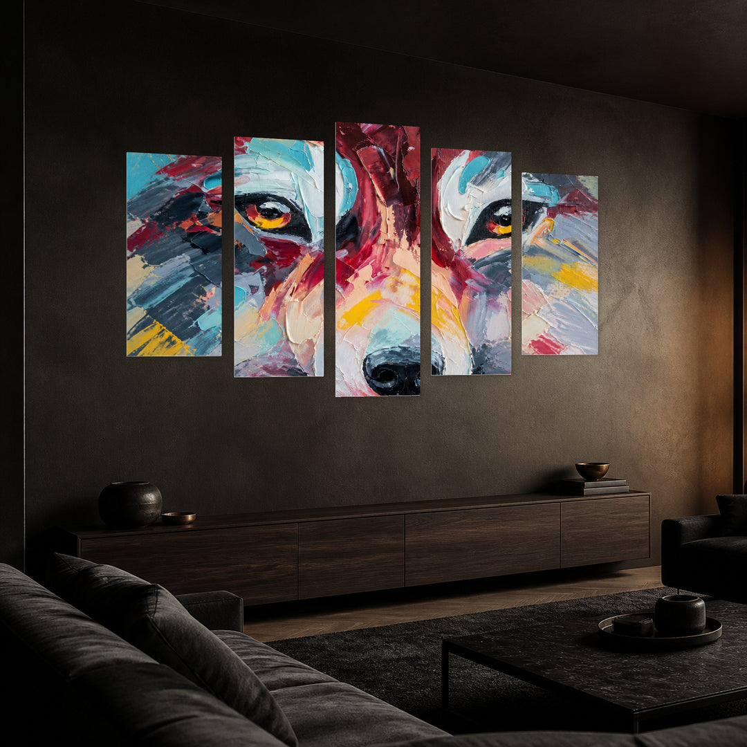 Portrait of a Wolf in Oil Paints Study — five-panel wall art in perspective interior | 5wallart 56179 M2