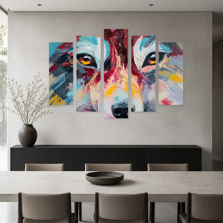 Portrait of a Wolf in Oil Paints Study — five-panel wall art in alternate frontal interior | 5wallart 56179 M4