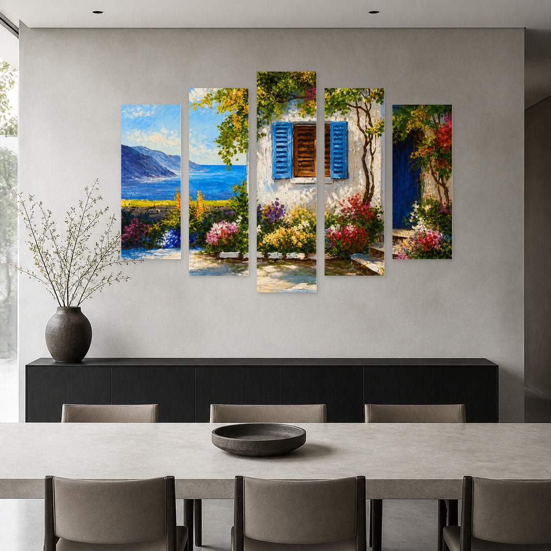 Of Beautiful Houses Near the Sea — five-panel wall art in frontal interior | 5wallart 56182 M3