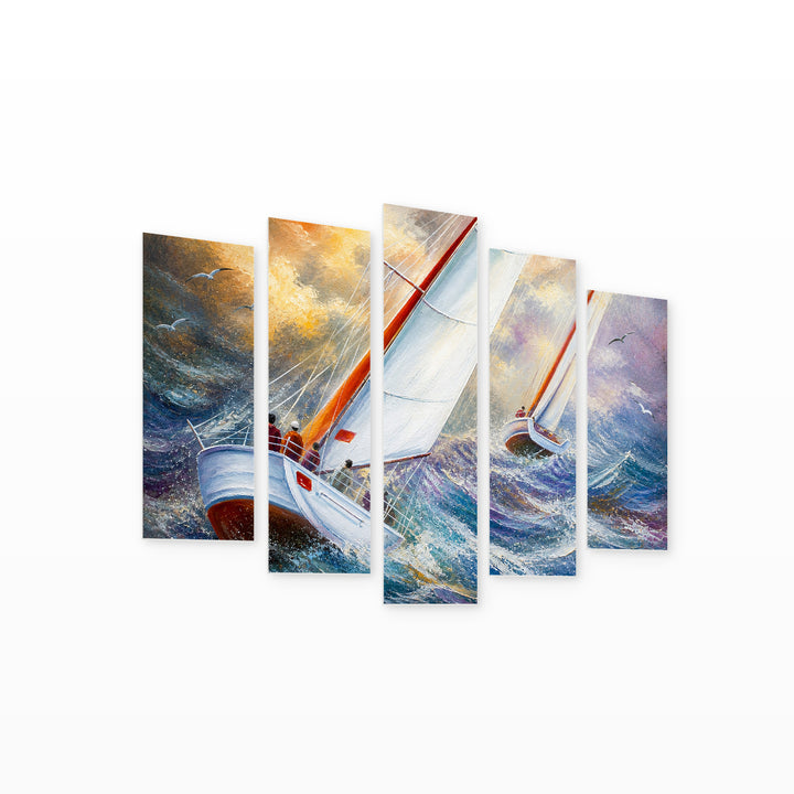 Stormy Sea with Dramatic Contrast — five-panel wall art on white background in perspective | 5wallart 56183 M1