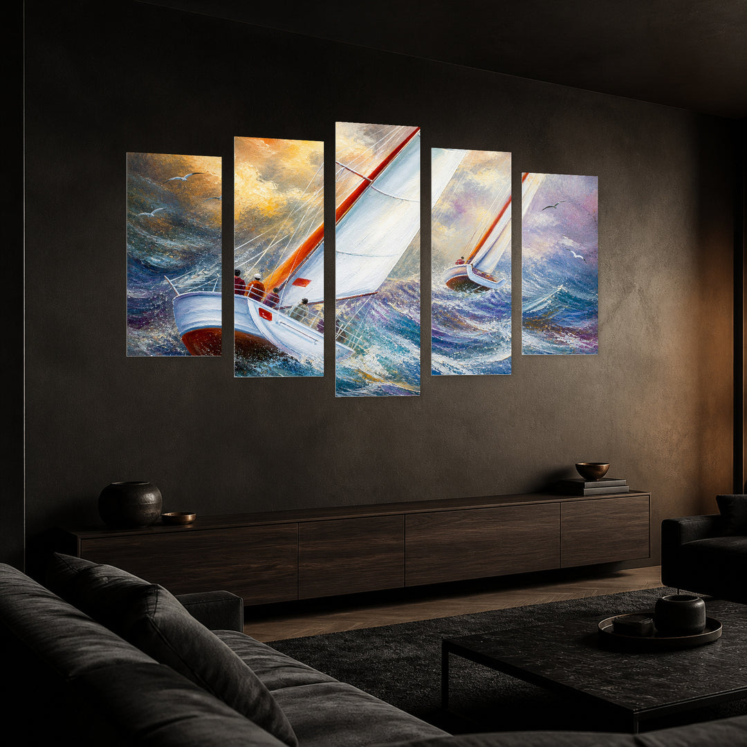 Stormy Sea with Dramatic Contrast — five-panel wall art in perspective interior | 5wallart 56183 M2