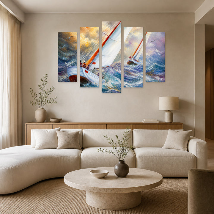 Stormy Sea with Dramatic Contrast — five-panel wall art in frontal interior | 5wallart 56183 M3