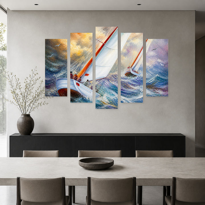 Stormy Sea with Dramatic Contrast — five-panel wall art in alternate frontal interior | 5wallart 56183 M4