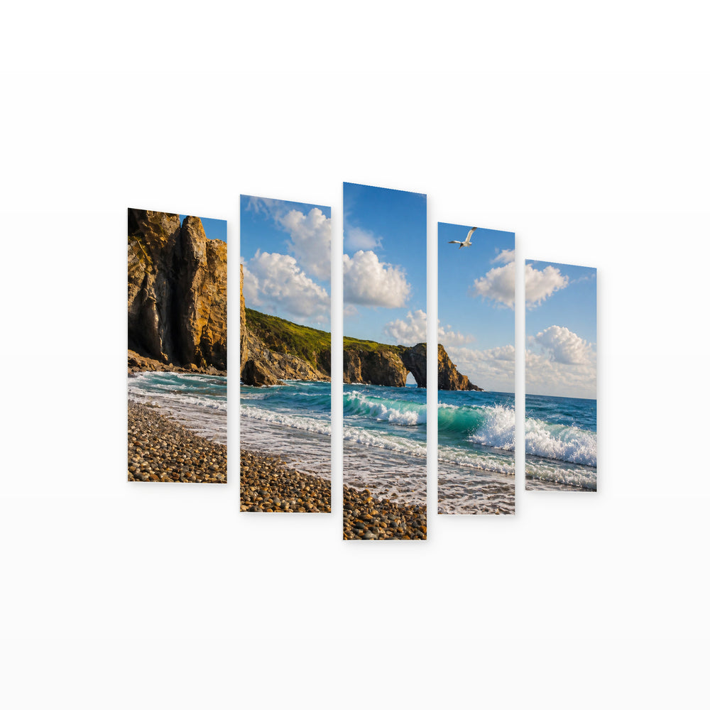 Seascape with a Seagull in Blue and Gold — five-panel wall art on white background in perspective | 5wallart 56184 M1