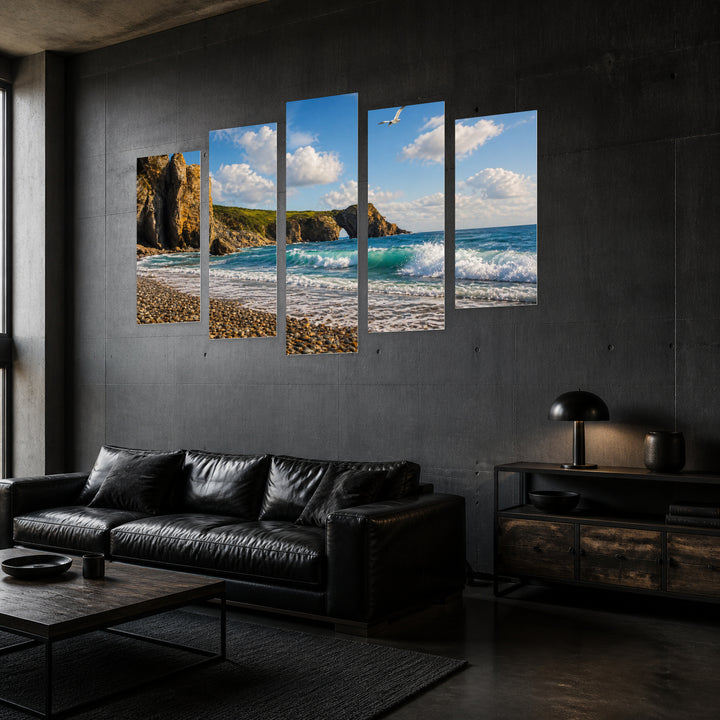 Seascape with a Seagull in Blue and Gold — five-panel wall art in perspective interior | 5wallart 56184 M2
