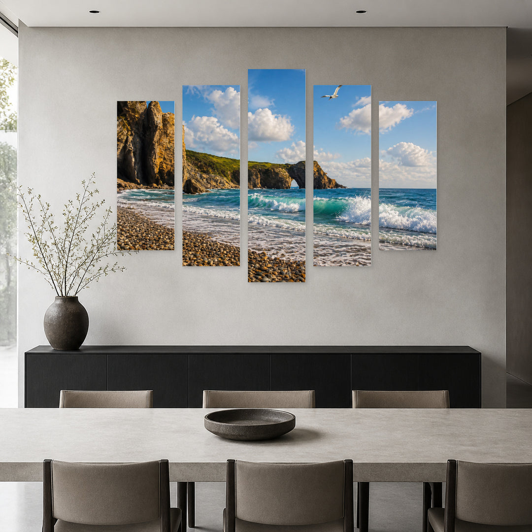 Seascape with a Seagull in Blue and Gold — five-panel wall art in frontal interior | 5wallart 56184 M3