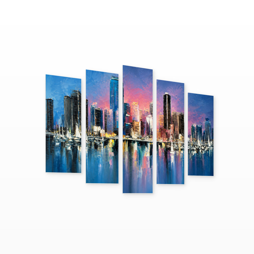 City Skyline with Geometric Rhythm — five-panel wall art on white background in perspective | 5wallart 56185 M1