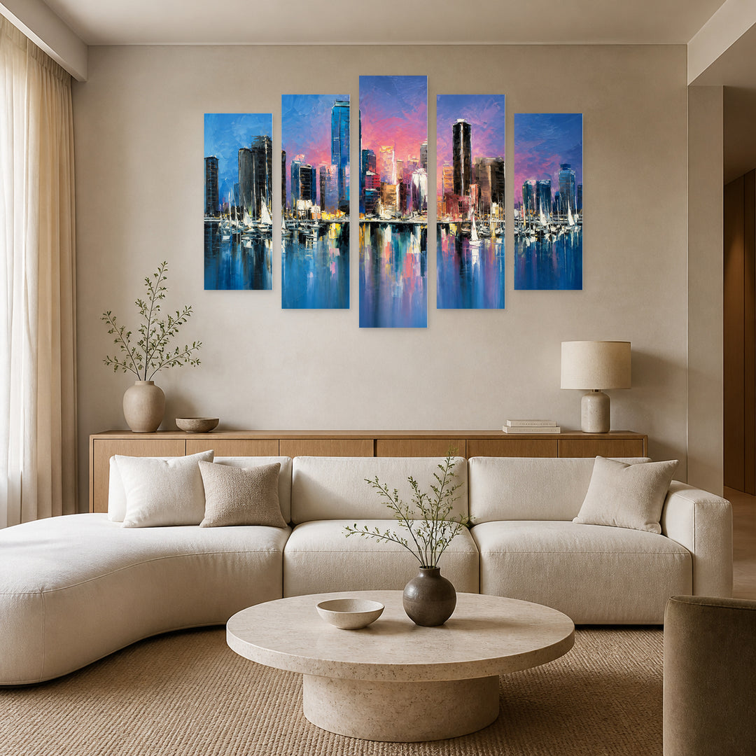 City Skyline with Geometric Rhythm — five-panel wall art in frontal interior | 5wallart 56185 M3