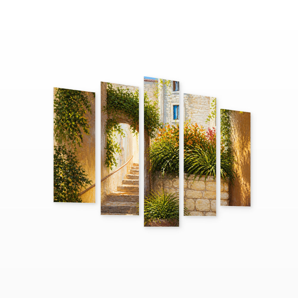 Summer Street with Blooming Flowers with Dreamlike Atmosphere — five-panel wall art on white background in perspective | 5wallart 56186 M1