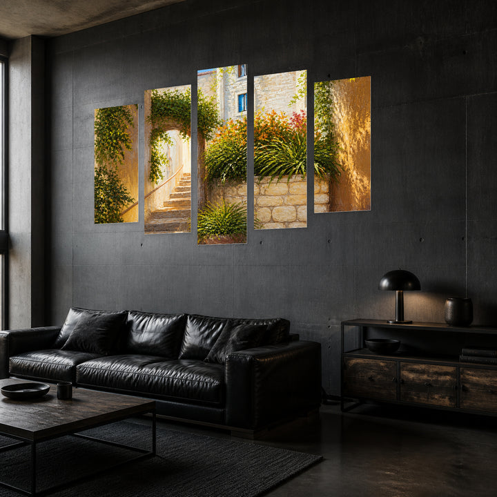 Summer Street with Blooming Flowers with Dreamlike Atmosphere — five-panel wall art in perspective interior | 5wallart 56186 M2