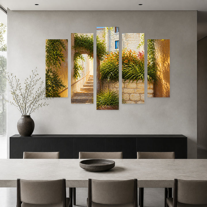 Summer Street with Blooming Flowers with Dreamlike Atmosphere — five-panel wall art in frontal interior | 5wallart 56186 M3