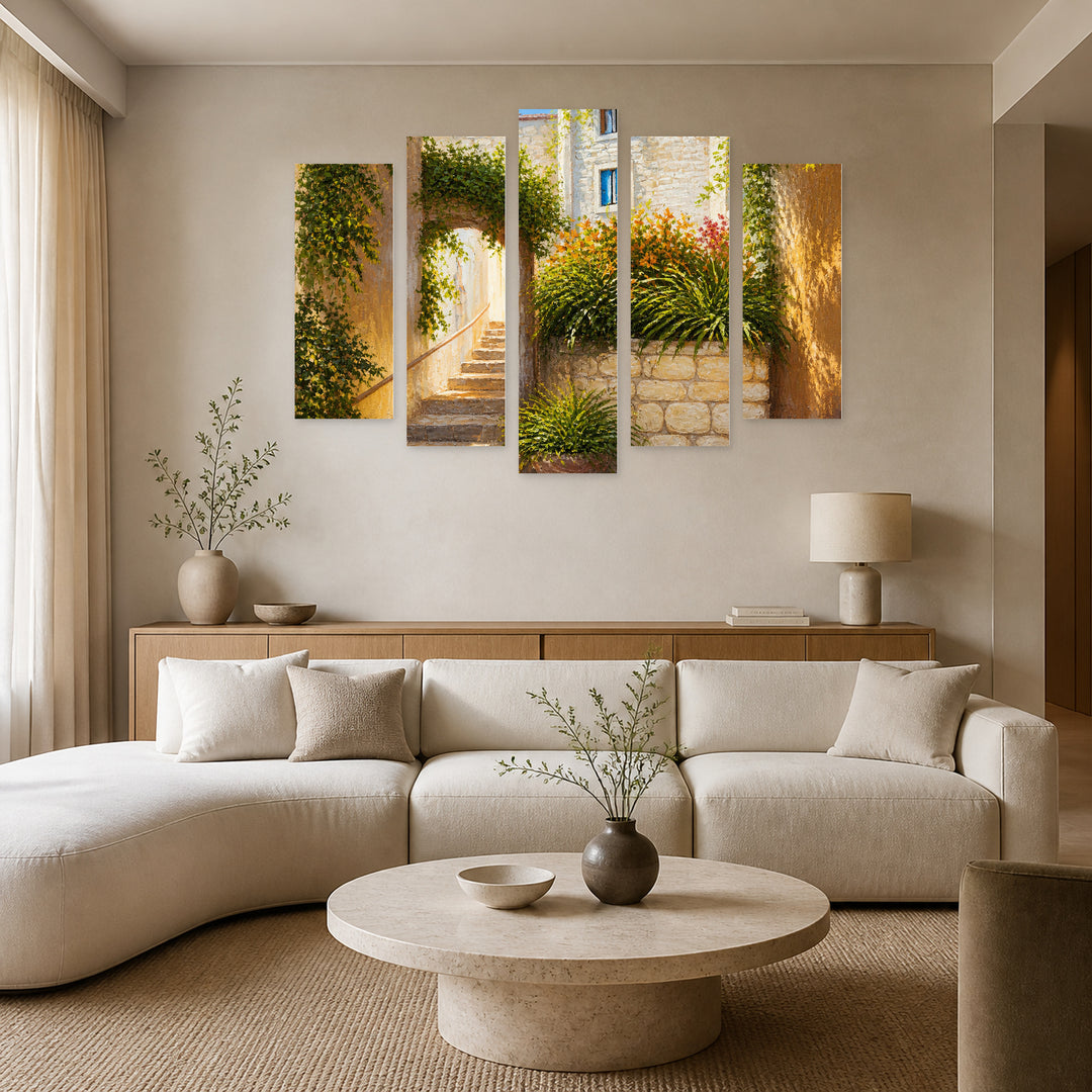 Summer Street with Blooming Flowers with Dreamlike Atmosphere — five-panel wall art in alternate frontal interior | 5wallart 56186 M4