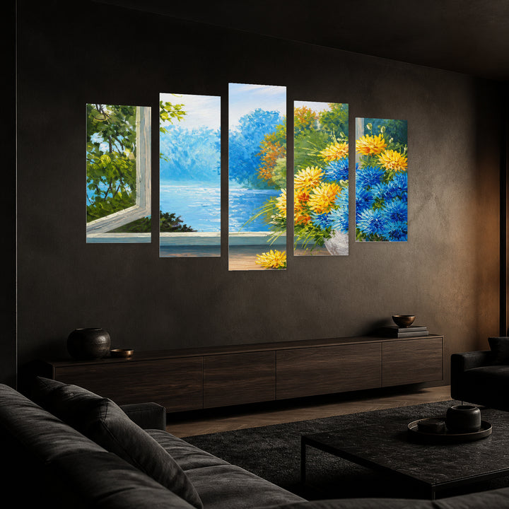 Of a Bouquet of Spring Flowers — five-panel wall art in perspective interior | 5wallart 56187 M2