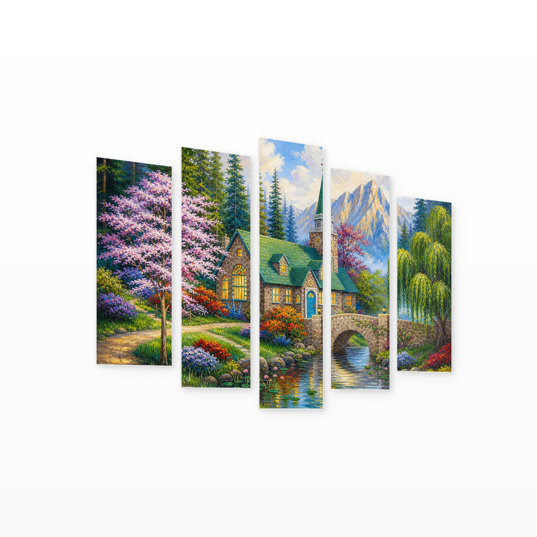 Of a Church in the Forest — five-panel wall art on white background in perspective | 5wallart 56188 M1