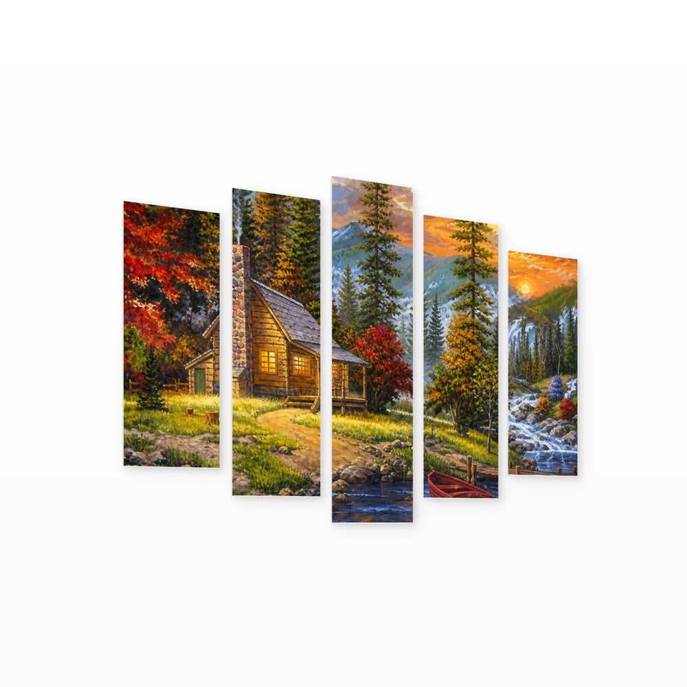 The Lake Sunset Glow III — five-panel wall art on white background in perspective | 5wallart 56189 M1