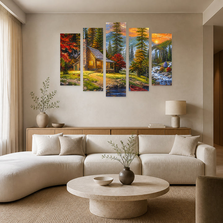 The Lake Sunset Glow III — five-panel wall art in frontal interior | 5wallart 56189 M3