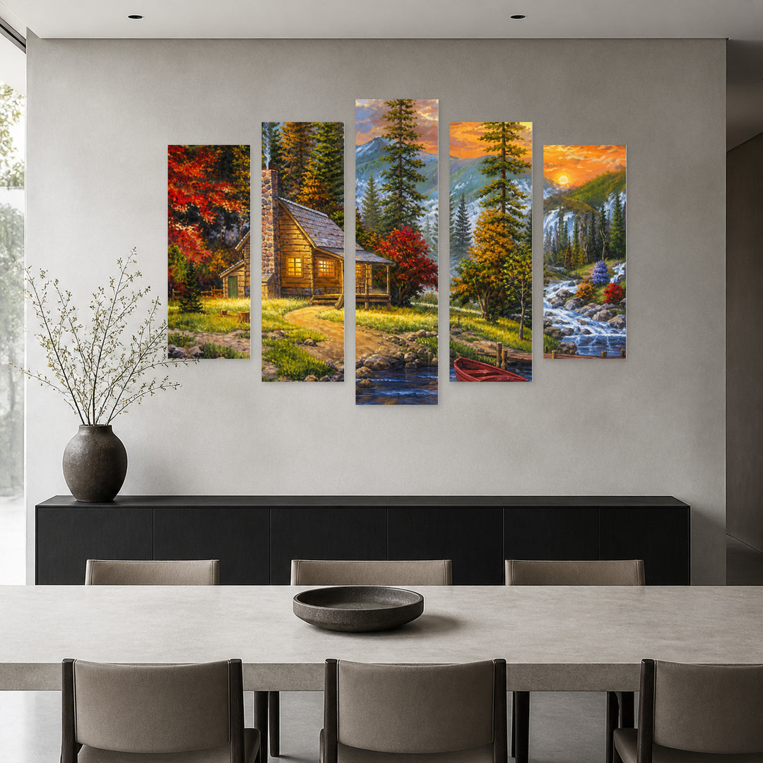 The Lake Sunset Glow III — five-panel wall art in alternate frontal interior | 5wallart 56189 M4
