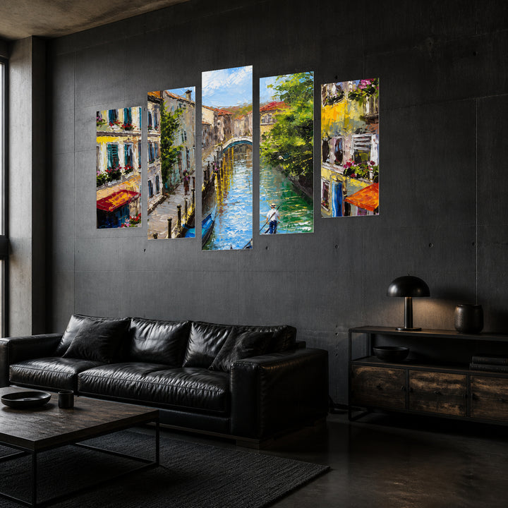 Venice, Italy in Blue and Gold — five-panel wall art in perspective interior | 5wallart 56190 M2