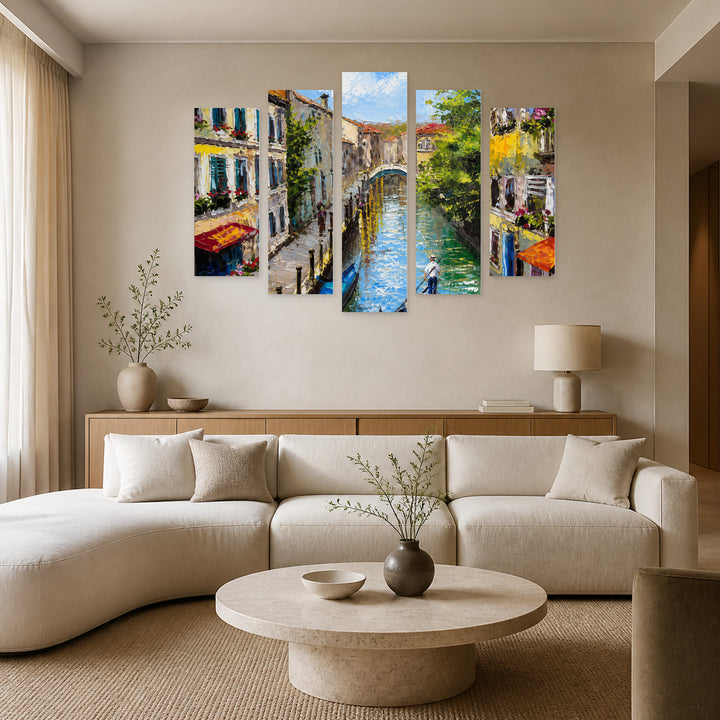 Venice, Italy in Blue and Gold — five-panel wall art in alternate frontal interior | 5wallart 56190 M4