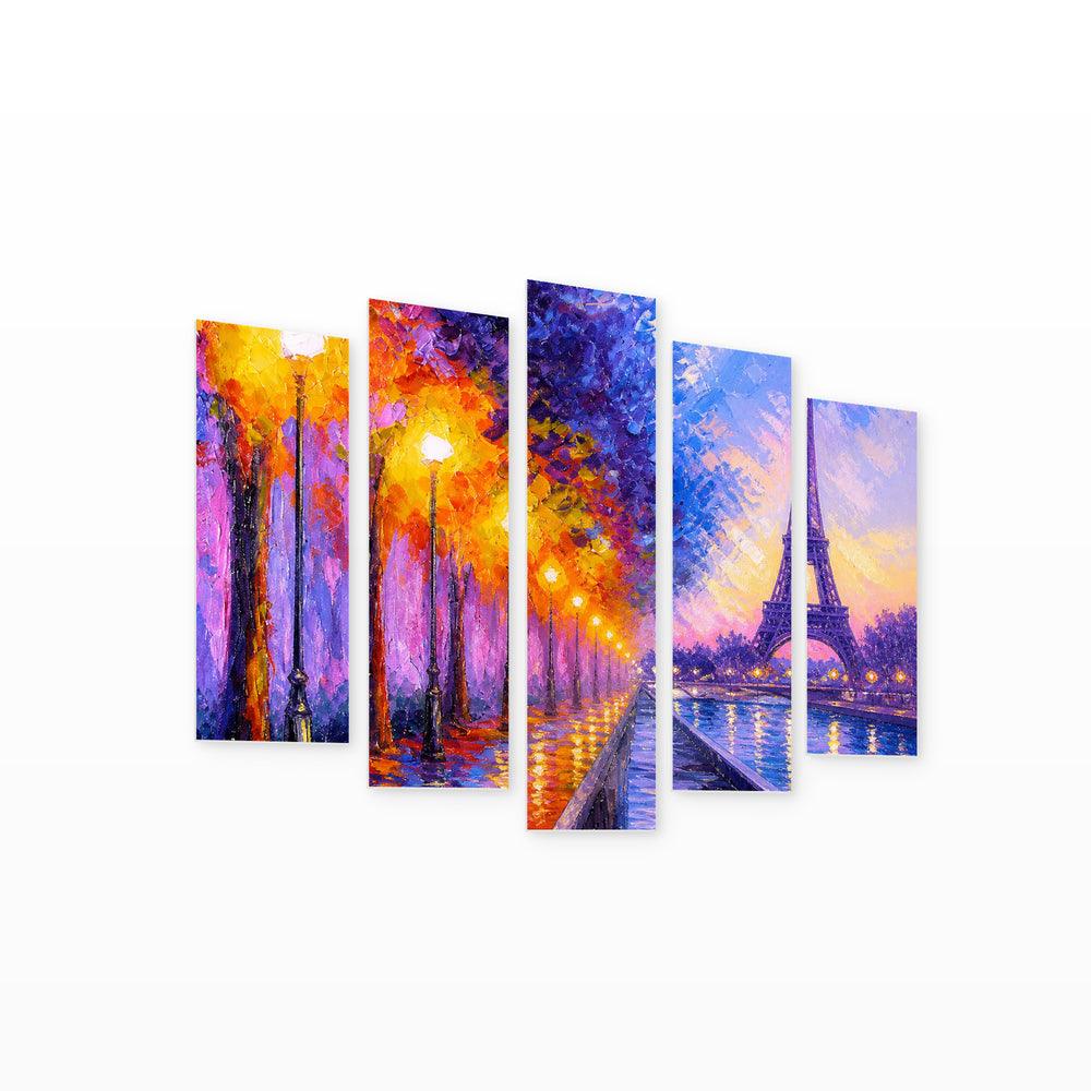 Of the Eiffel Tower with Geometric Rhythm — five-panel wall art on white background in perspective | 5wallart 56191 M1