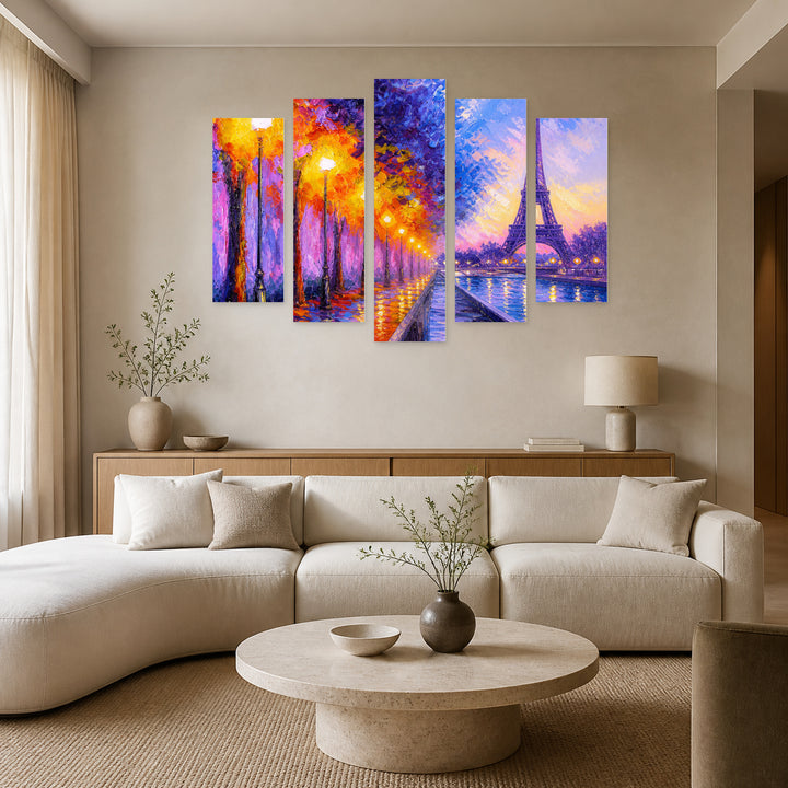 Of the Eiffel Tower with Geometric Rhythm — five-panel wall art in frontal interior | 5wallart 56191 M3