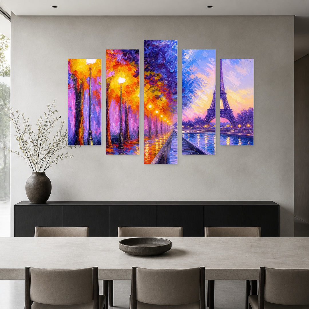 Of the Eiffel Tower with Geometric Rhythm — five-panel wall art in alternate frontal interior | 5wallart 56191 M4