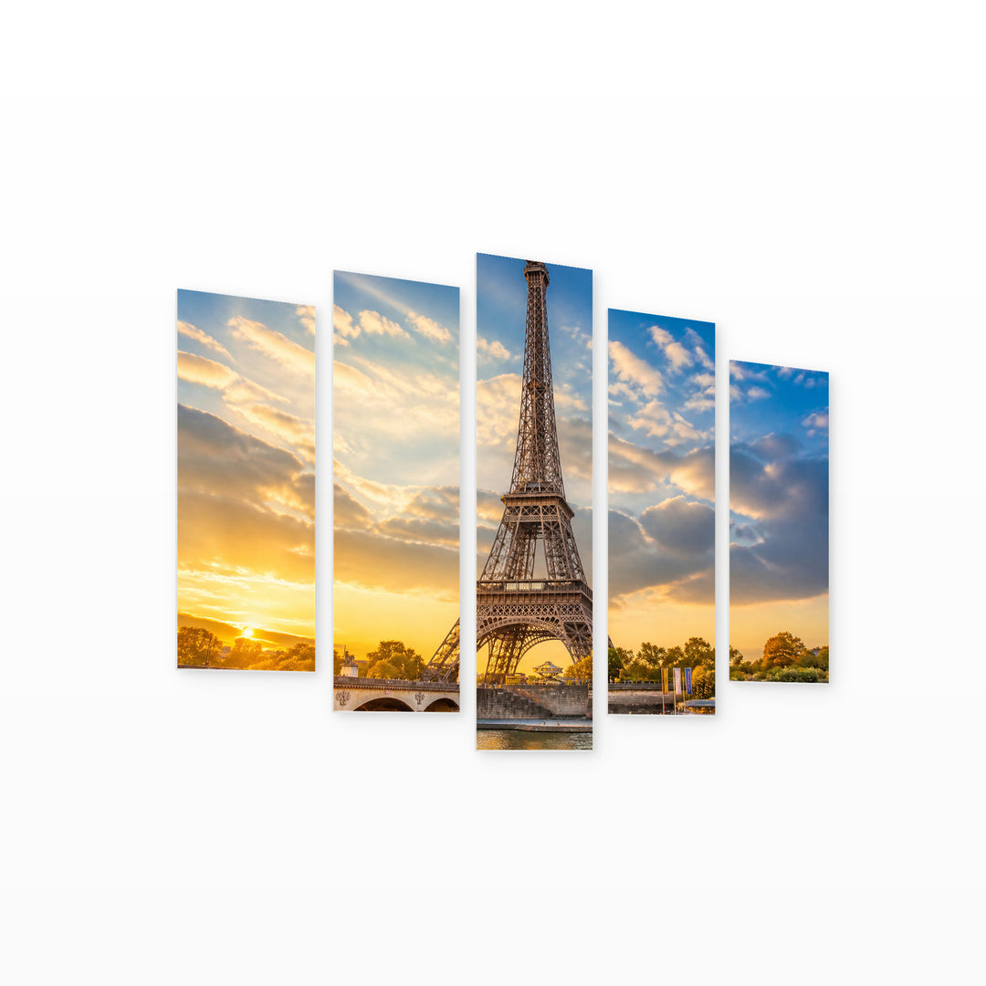 Eiffel Tower in Blue and Gold II — five-panel wall art on white background in perspective | 5wallart 56201 M1