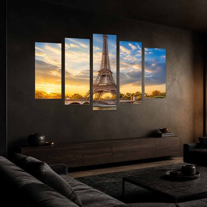 Eiffel Tower in Blue and Gold II — five-panel wall art in perspective interior | 5wallart 56201 M2